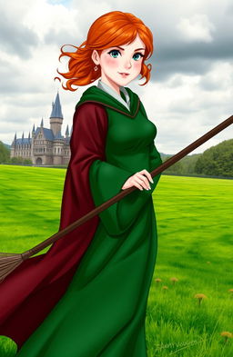 Abigail Cowen as a Weasley cousin, styled with fiery red hair and freckles, dressed in elegant Slytherin robes that contrast with her traditional Gryffindor heritage