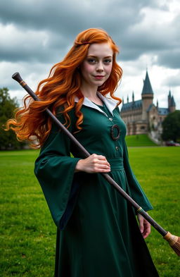 Abigail Cowen as a Weasley cousin, styled with fiery red hair and freckles, dressed in elegant Slytherin robes that contrast with her traditional Gryffindor heritage
