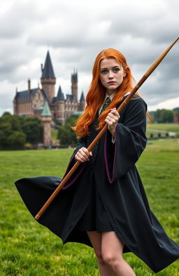 Abigail Cowen as a Weasley cousin, styled with fiery red hair and freckles, dressed in elegant Slytherin robes that contrast with her traditional Gryffindor heritage