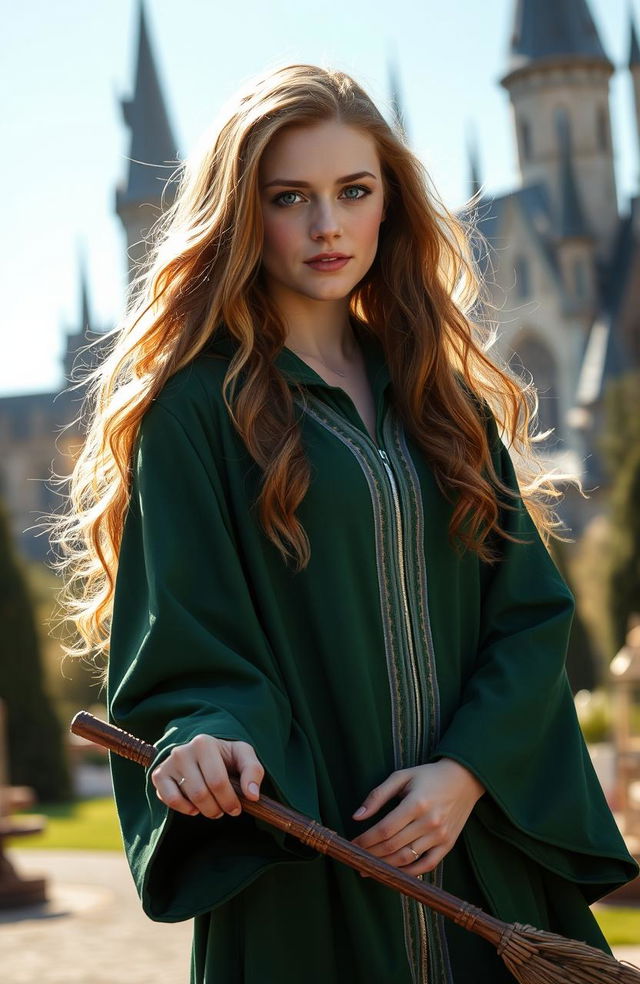 A portrait of Abigail Cowen styled as a Weasley cousin, wearing green and silver Slytherin robes, exuding confidence and determination