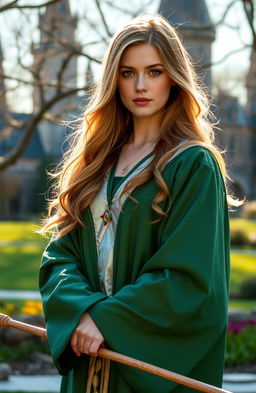 A portrait of Abigail Cowen styled as a Weasley cousin, wearing green and silver Slytherin robes, exuding confidence and determination