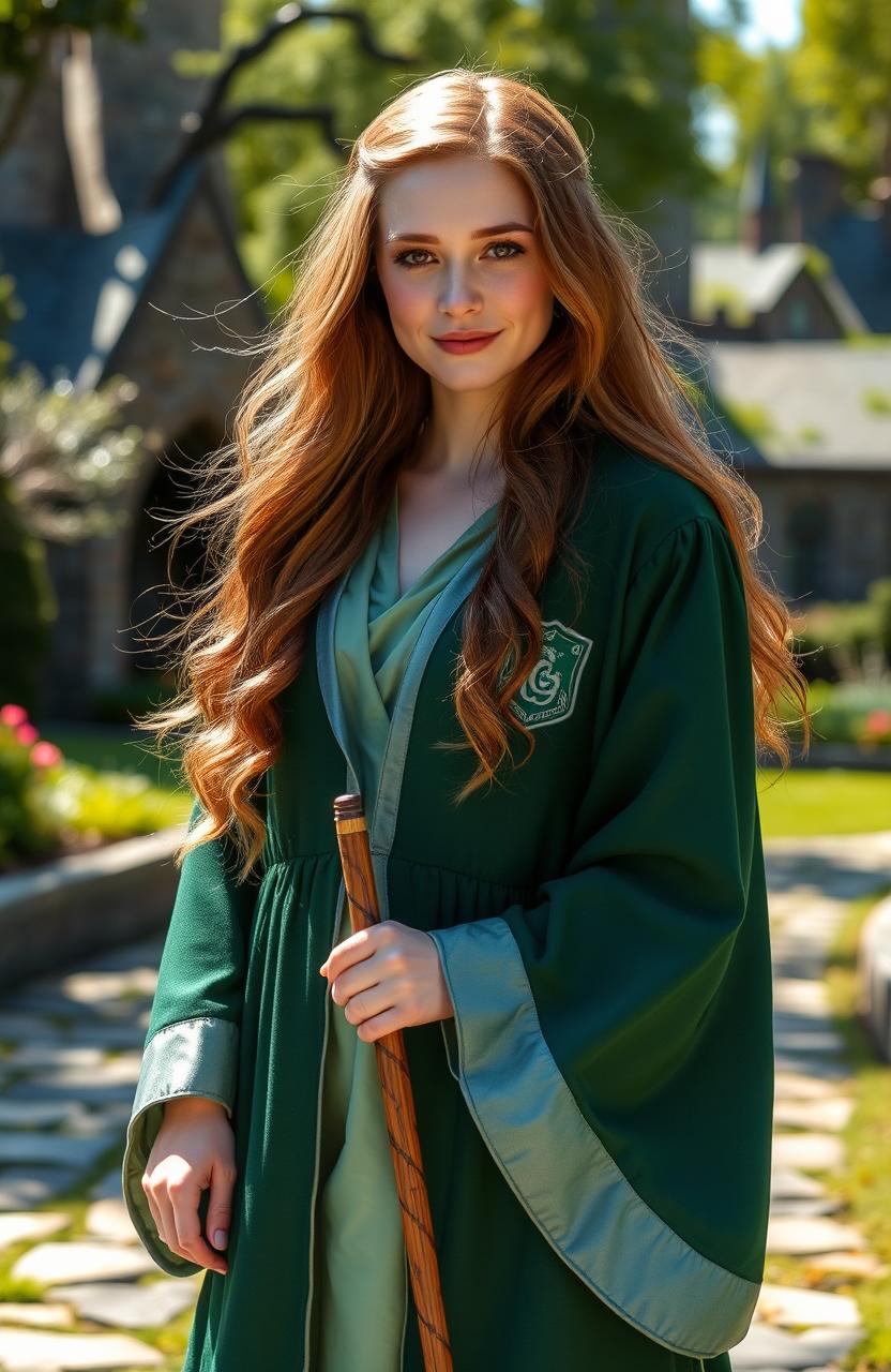 A portrait of Abigail Cowen styled as a Weasley cousin, wearing green and silver Slytherin robes, exuding confidence and determination