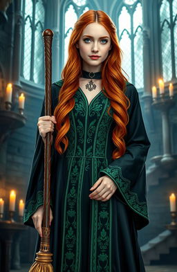 A Weasley cousin portrayed by Abigail Cowen, dressed in elegant Slytherin robes with intricate green and silver patterns, holding a shiny broomstick confidently