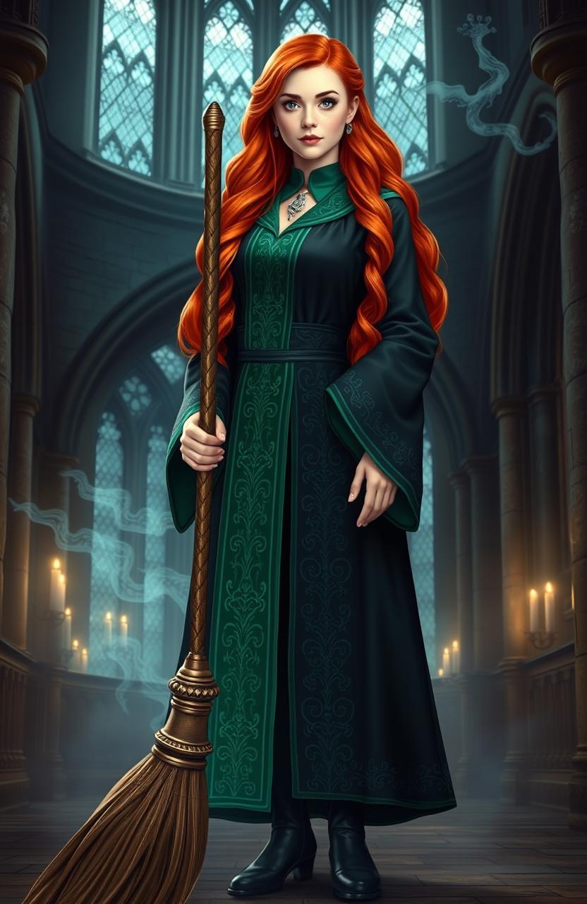 A Weasley cousin portrayed by Abigail Cowen, dressed in elegant Slytherin robes with intricate green and silver patterns, holding a shiny broomstick confidently