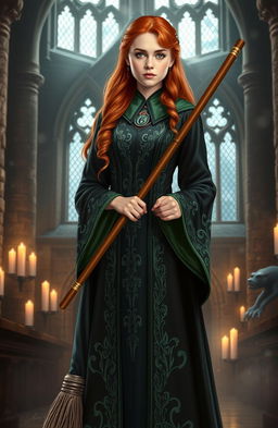 A Weasley cousin portrayed by Abigail Cowen, dressed in elegant Slytherin robes with intricate green and silver patterns, holding a shiny broomstick confidently