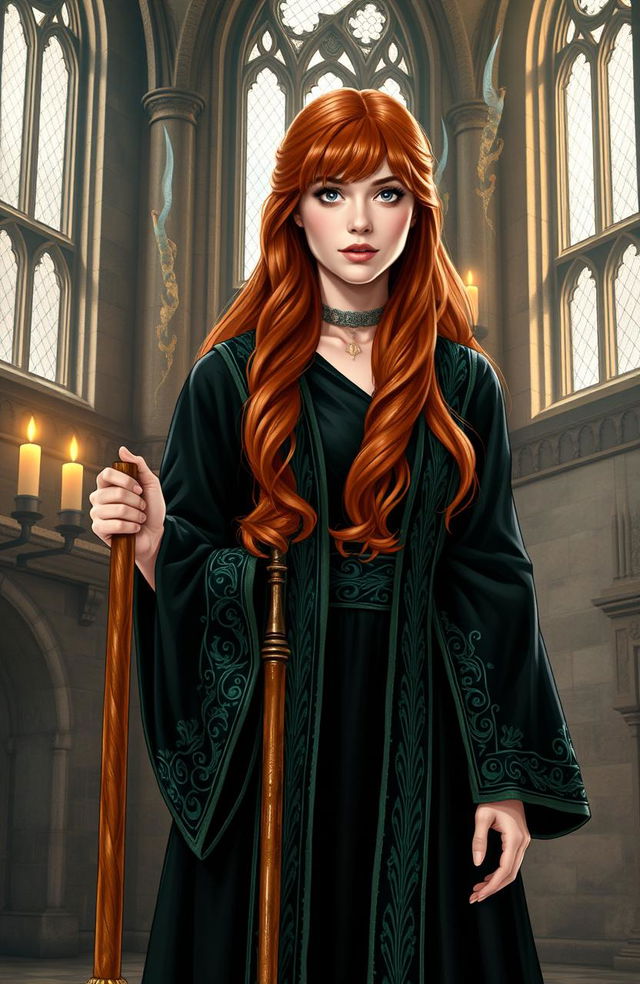 A Weasley cousin portrayed by Abigail Cowen, dressed in elegant Slytherin robes with intricate green and silver patterns, holding a shiny broomstick confidently