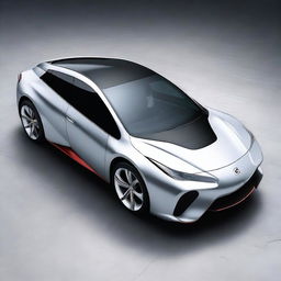 A concept image of a hybrid car combined with attributes from the Toyota Prius and Ferrari, boasting All-Wheel Drive.