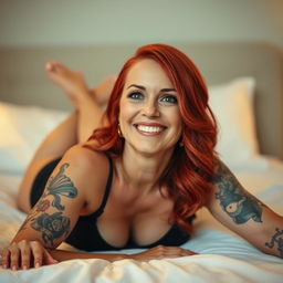 A confident woman in her 40s, fully embracing her femininity, lying on a bed with her legs slightly spread