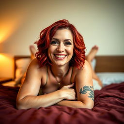 A confident woman in her 40s, fully embracing her femininity, lying on a bed with her legs slightly spread