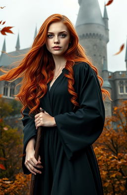 A young woman with long, flowing red hair and freckles, embodying the spirit of a Weasley cousin, portrayed by Abigail Cowen