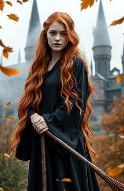 A young woman with long, flowing red hair and freckles, embodying the spirit of a Weasley cousin, portrayed by Abigail Cowen
