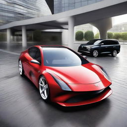 A concept image of a hybrid car combined with attributes from the Toyota Prius and Ferrari, boasting All-Wheel Drive.