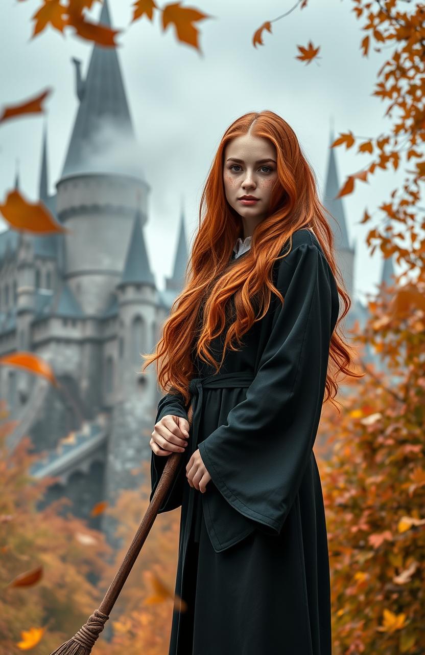 A young woman with long, flowing red hair and freckles, embodying the spirit of a Weasley cousin, portrayed by Abigail Cowen