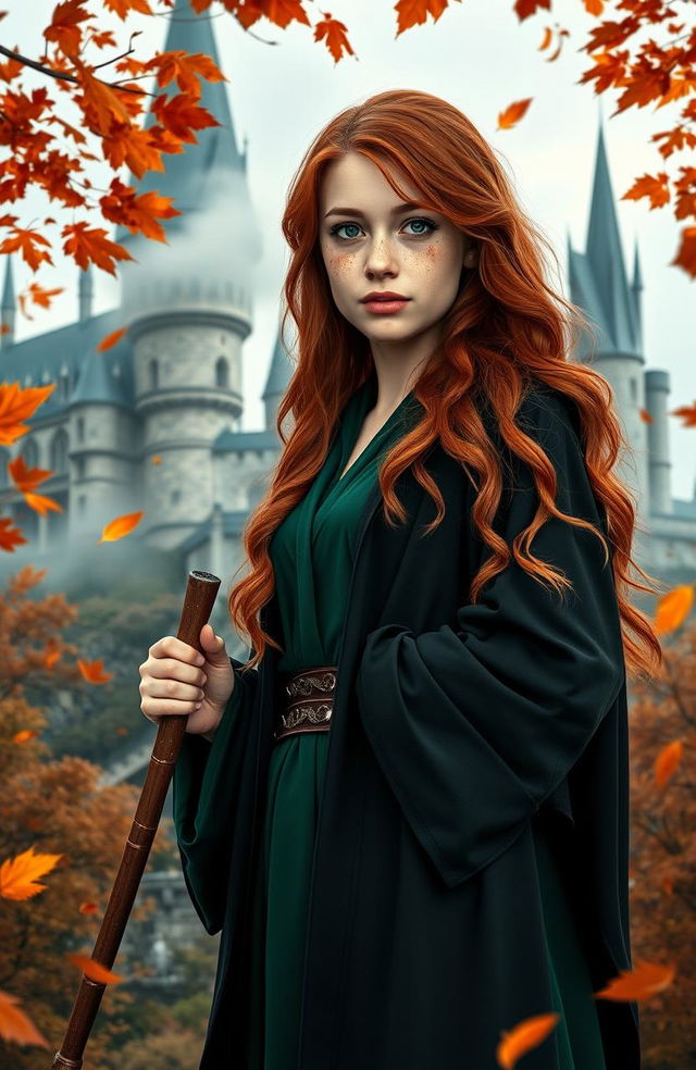 A young woman with long, flowing red hair and freckles, embodying the spirit of a Weasley cousin, portrayed by Abigail Cowen