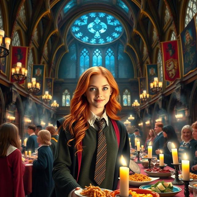 A stunning scene in the Great Hall at Hogwarts, featuring a Weasley cousin played by Abigail Cowen