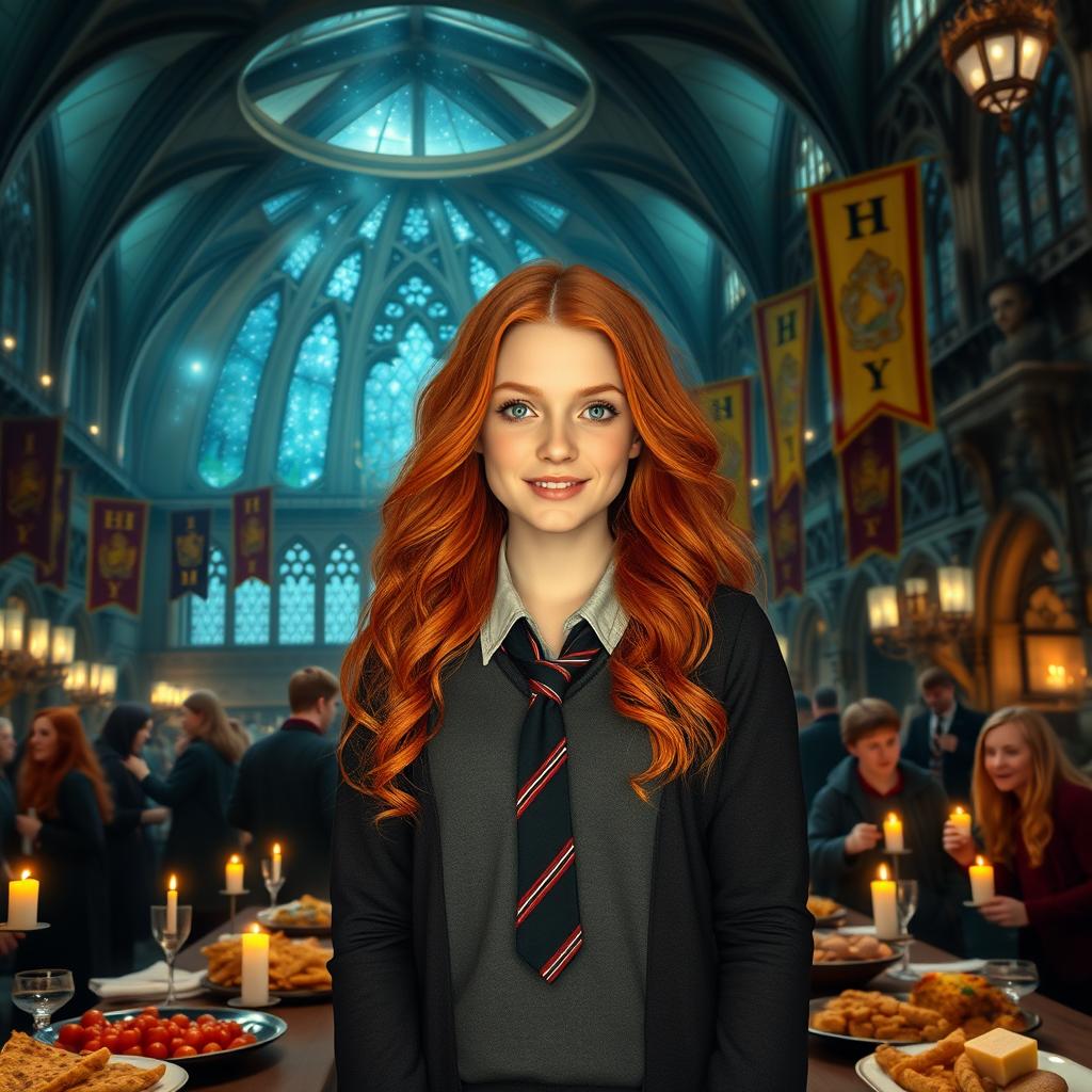 A stunning scene in the Great Hall at Hogwarts, featuring a Weasley cousin played by Abigail Cowen