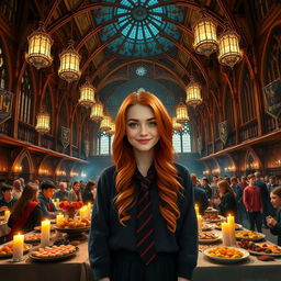 A stunning scene in the Great Hall at Hogwarts, featuring a Weasley cousin played by Abigail Cowen