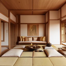 A spacious and luxuriously furnished living room in Japandi style, incorporating elements of traditional Indian decor, with warm tones and natural materials.