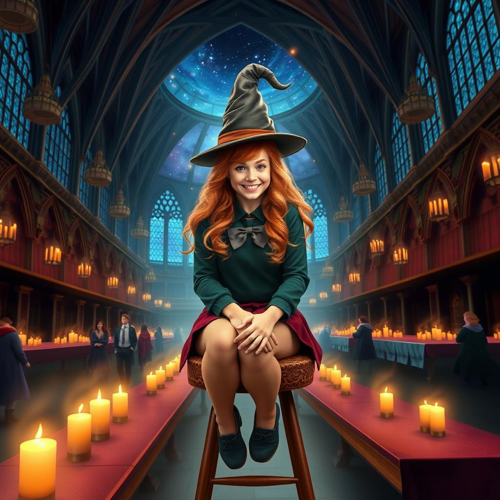 A captivating and realistic book cover featuring Abigail Cowen as a Weasley cousin sitting on a stool in the Great Hall at Hogwarts