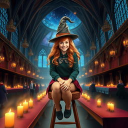 A captivating and realistic book cover featuring Abigail Cowen as a Weasley cousin sitting on a stool in the Great Hall at Hogwarts