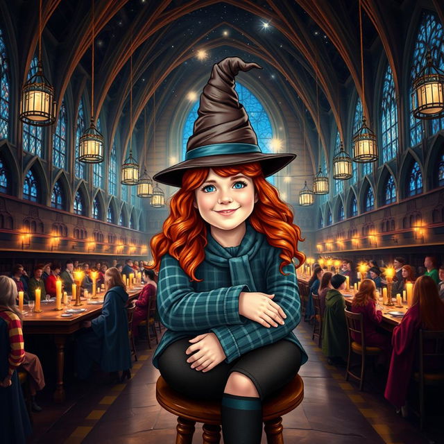 A captivating and realistic book cover featuring Abigail Cowen as a Weasley cousin sitting on a stool in the Great Hall at Hogwarts