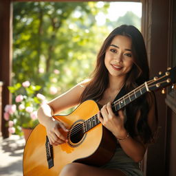 A beautiful Asian woman with long, rich brown hair, sitting on a sunlit porch while playing an acoustic guitar