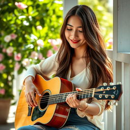 A beautiful Asian woman with long, rich brown hair, sitting on a sunlit porch while playing an acoustic guitar