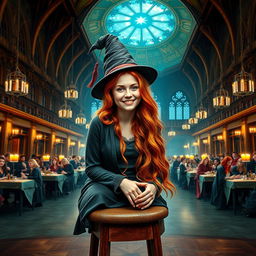 A stunning and realistic book cover that showcases Abigail Cowen portraying a Weasley cousin, seated on a wooden stool in the Great Hall at Hogwarts
