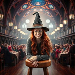 A stunning and realistic book cover that showcases Abigail Cowen portraying a Weasley cousin, seated on a wooden stool in the Great Hall at Hogwarts