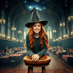 A stunning and realistic book cover that showcases Abigail Cowen portraying a Weasley cousin, seated on a wooden stool in the Great Hall at Hogwarts