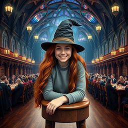 A stunning and realistic book cover that showcases Abigail Cowen portraying a Weasley cousin, seated on a wooden stool in the Great Hall at Hogwarts