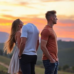 A man and a woman standing back to back in a scenic outdoor setting, both dressed in casual yet stylish clothing, with their profiles facing away from each other
