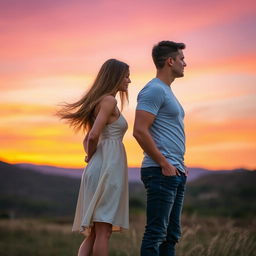 A man and a woman standing back to back in a scenic outdoor setting, both dressed in casual yet stylish clothing, with their profiles facing away from each other
