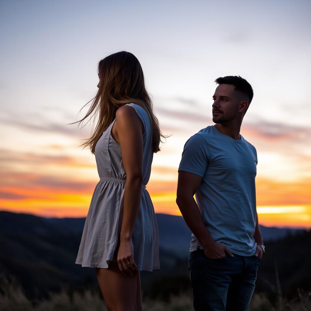 A man and a woman standing back to back in a scenic outdoor setting, both dressed in casual yet stylish clothing, with their profiles facing away from each other