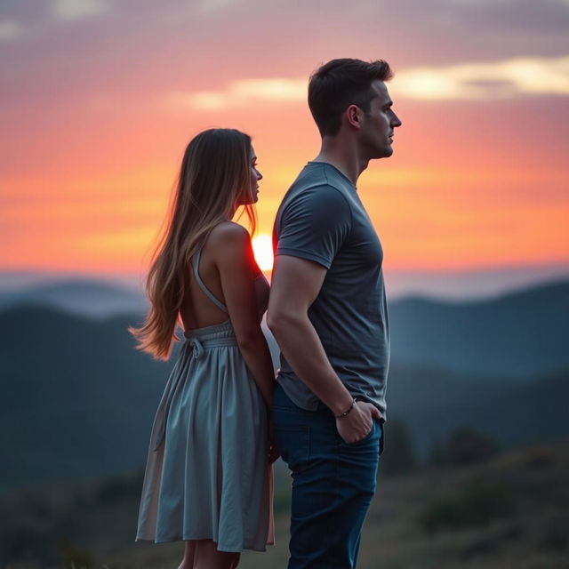 A man and a woman standing back to back in a scenic outdoor setting, both dressed in casual yet stylish clothing, with their profiles facing away from each other