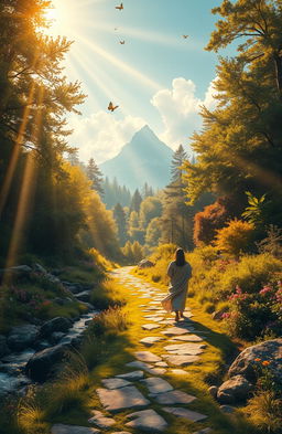 A serene landscape depicting the divine spiritual path, featuring a winding trail through a lush, vibrant forest bathed in golden sunlight