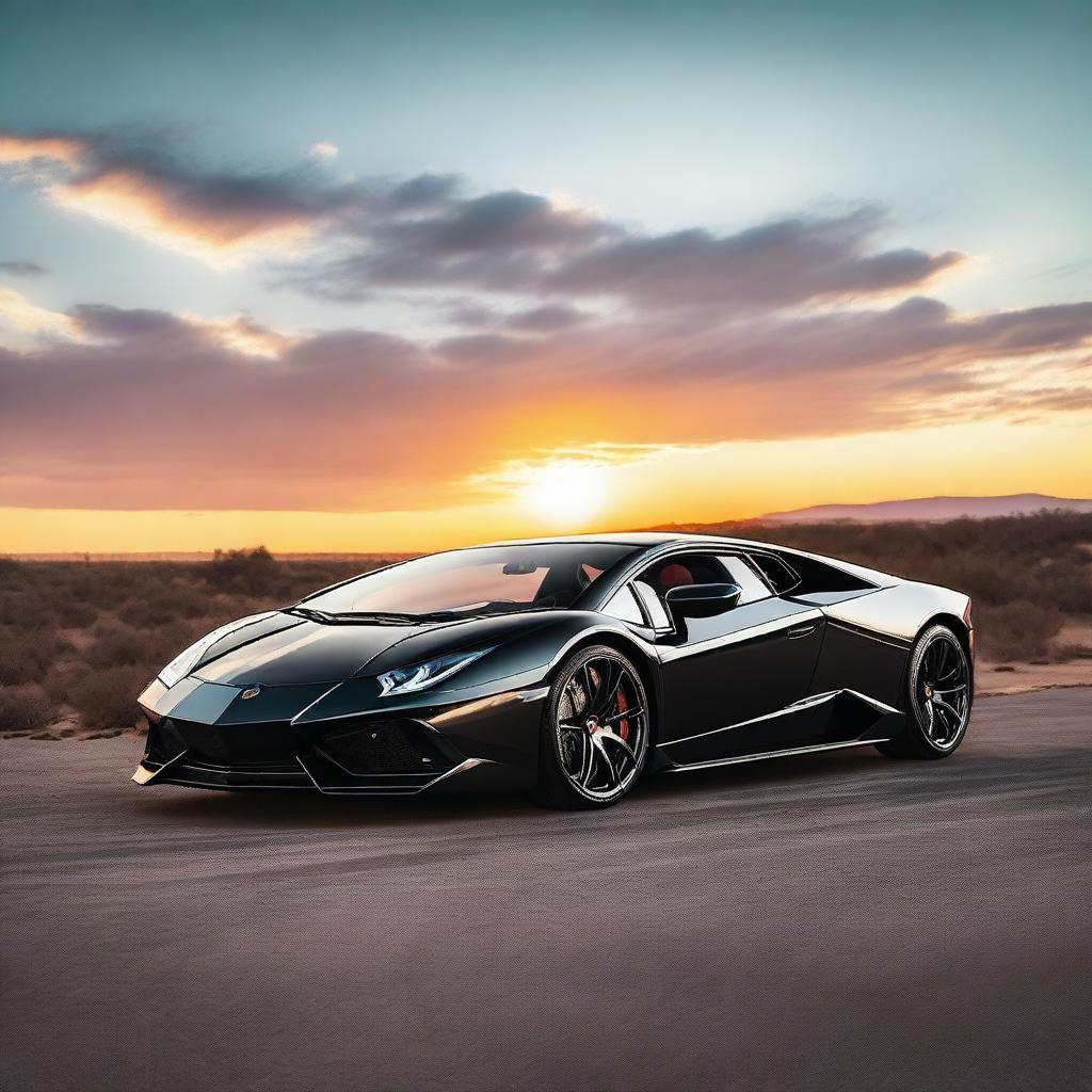 A sleek, black Lamborghini supercar with shiny reflective surface, parked on an open road under a vivid sunrise.