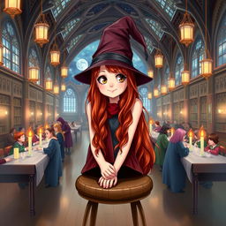 A whimsical fantasy book cover showcasing Abigail Cowen as a Weasley cousin, seated on a wooden stool in the Great Hall at Hogwarts