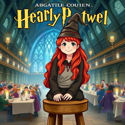A whimsical fantasy book cover showcasing Abigail Cowen as a Weasley cousin, seated on a wooden stool in the Great Hall at Hogwarts