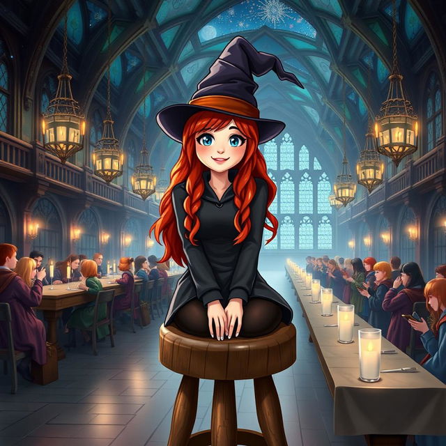 A whimsical fantasy book cover showcasing Abigail Cowen as a Weasley cousin, seated on a wooden stool in the Great Hall at Hogwarts