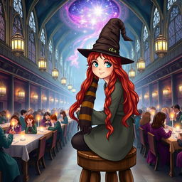 A whimsical fantasy book cover showcasing Abigail Cowen as a Weasley cousin, seated on a wooden stool in the Great Hall at Hogwarts