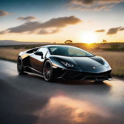 A sleek, black Lamborghini supercar with shiny reflective surface, parked on an open road under a vivid sunrise.