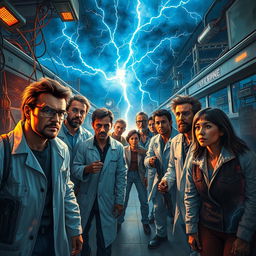 A dramatic and electrifying scene depicting a group of scientists and survivors faced with a life-or-death situation, surrounded by dramatic lightning and electromagnetic phenomena