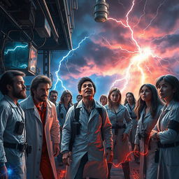 A dramatic and electrifying scene depicting a group of scientists and survivors faced with a life-or-death situation, surrounded by dramatic lightning and electromagnetic phenomena