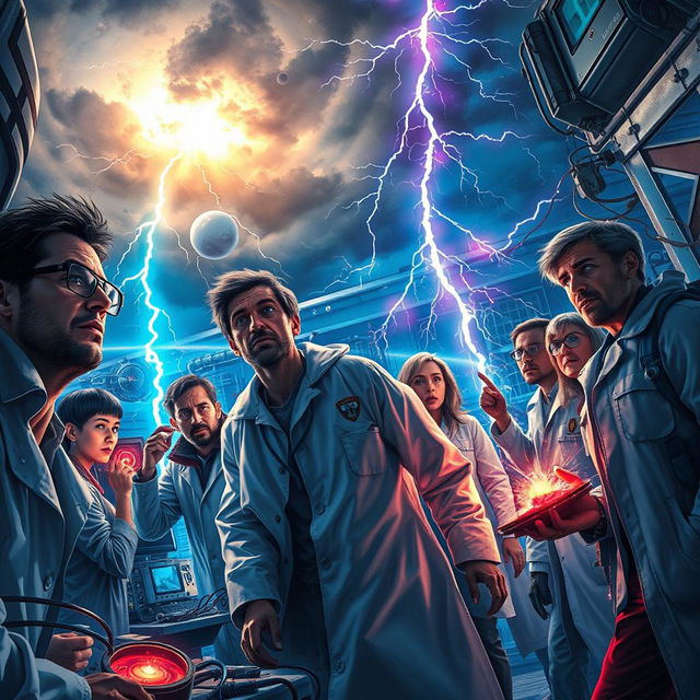 A dramatic and electrifying scene depicting a group of scientists and survivors faced with a life-or-death situation, surrounded by dramatic lightning and electromagnetic phenomena