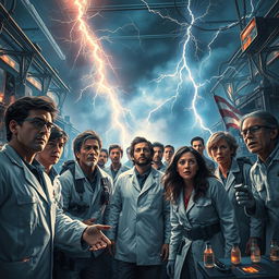 A dramatic and electrifying scene depicting a group of scientists and survivors faced with a life-or-death situation, surrounded by dramatic lightning and electromagnetic phenomena