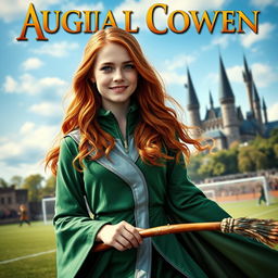 A striking and realistic book cover featuring Abigail Cowen as a Weasley cousin on the Quidditch pitch at Hogwarts