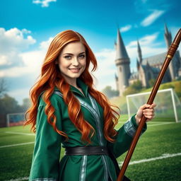 A striking and realistic book cover featuring Abigail Cowen as a Weasley cousin on the Quidditch pitch at Hogwarts