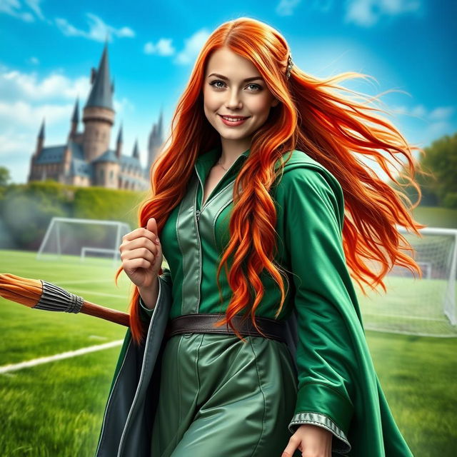 A striking and realistic book cover featuring Abigail Cowen as a Weasley cousin on the Quidditch pitch at Hogwarts