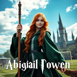A striking and realistic book cover featuring Abigail Cowen as a Weasley cousin on the Quidditch pitch at Hogwarts